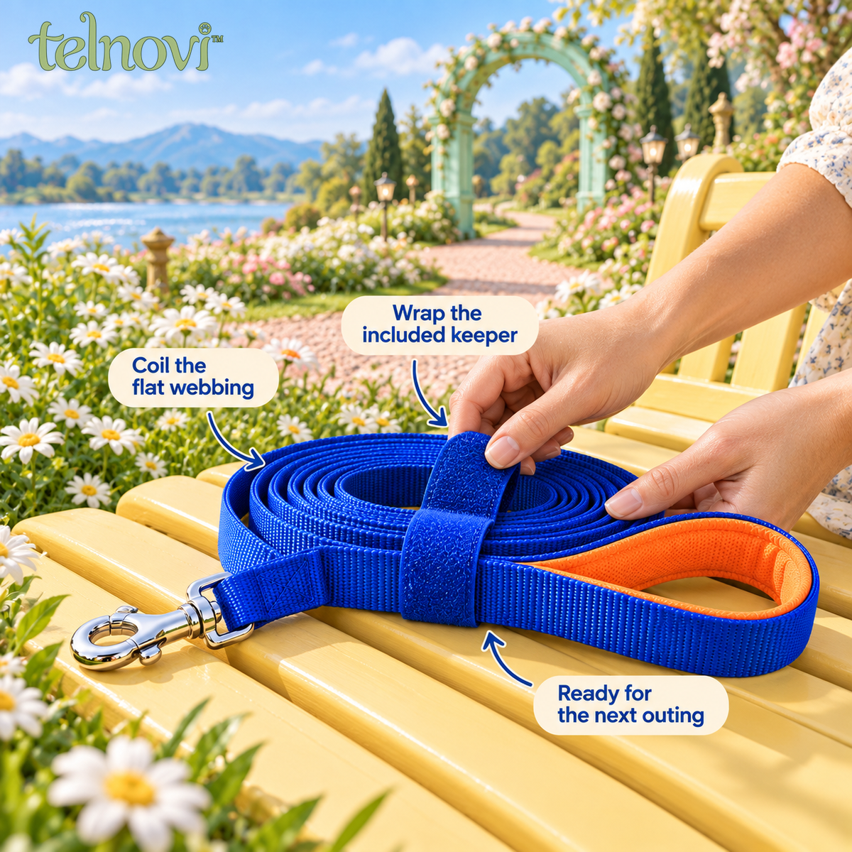 telnovi™ RoamLine Dog Training Long Leash, 20-Foot Flat Webbing Lead with Padded Handle & Swivel Clip
