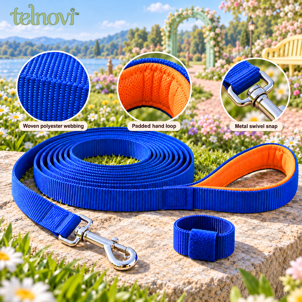 telnovi™ RoamLine Dog Training Long Leash, 20-Foot Flat Webbing Lead with Padded Handle & Swivel Clip
