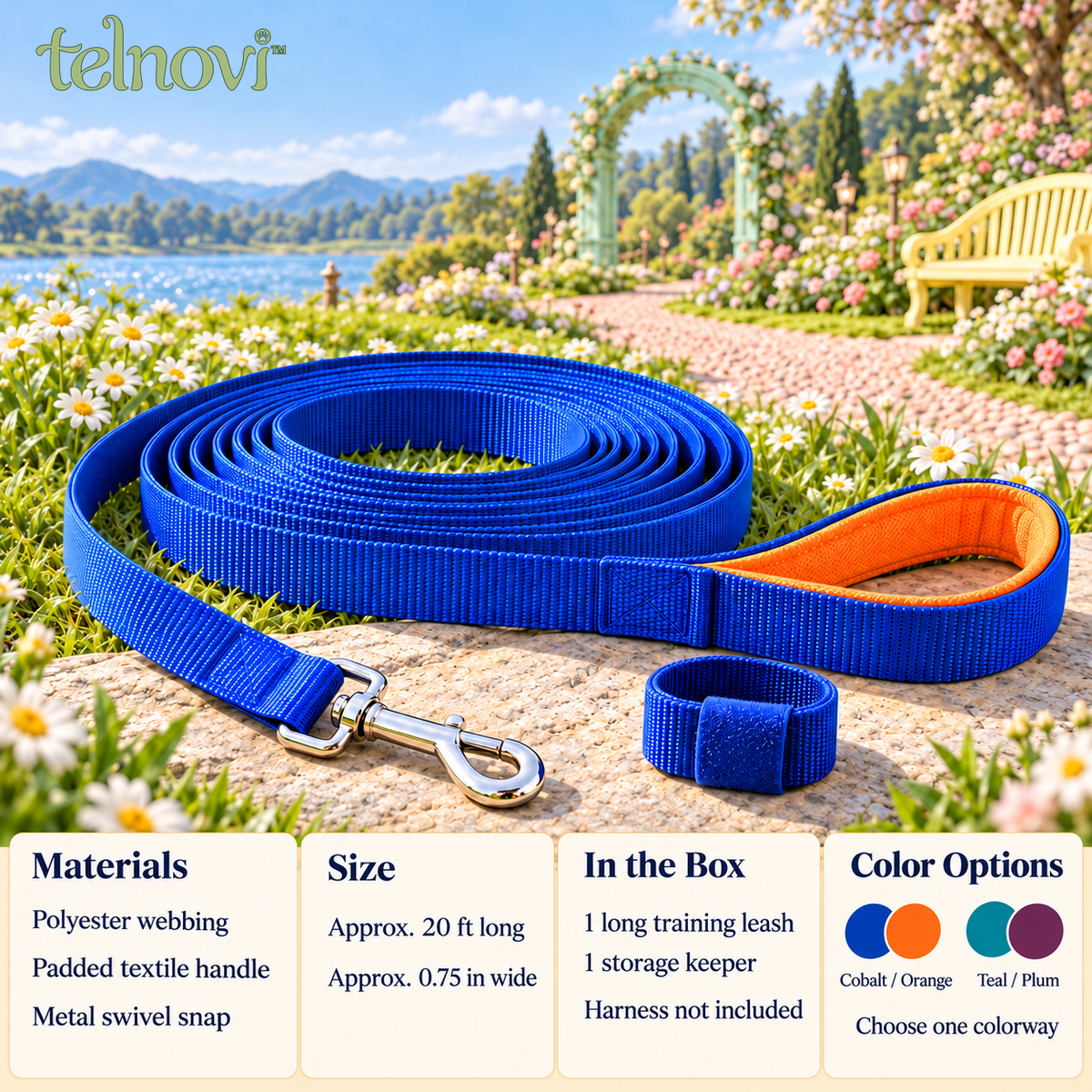 telnovi™ RoamLine Dog Training Long Leash, 20-Foot Flat Webbing Lead with Padded Handle & Swivel Clip